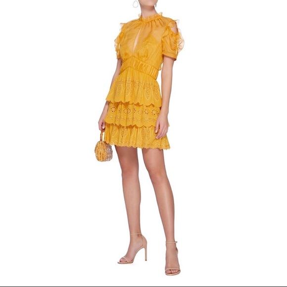Self-Portrait NWT Tiered Chiffon Mini Cocktail Yellow Mustard Marigold US 2 UK 6 - Picture 4 of 8